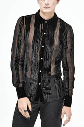 Chemise gothique pour homme à manches longues irrégulières avec rayures noires en velours, plis et boucles métalliques